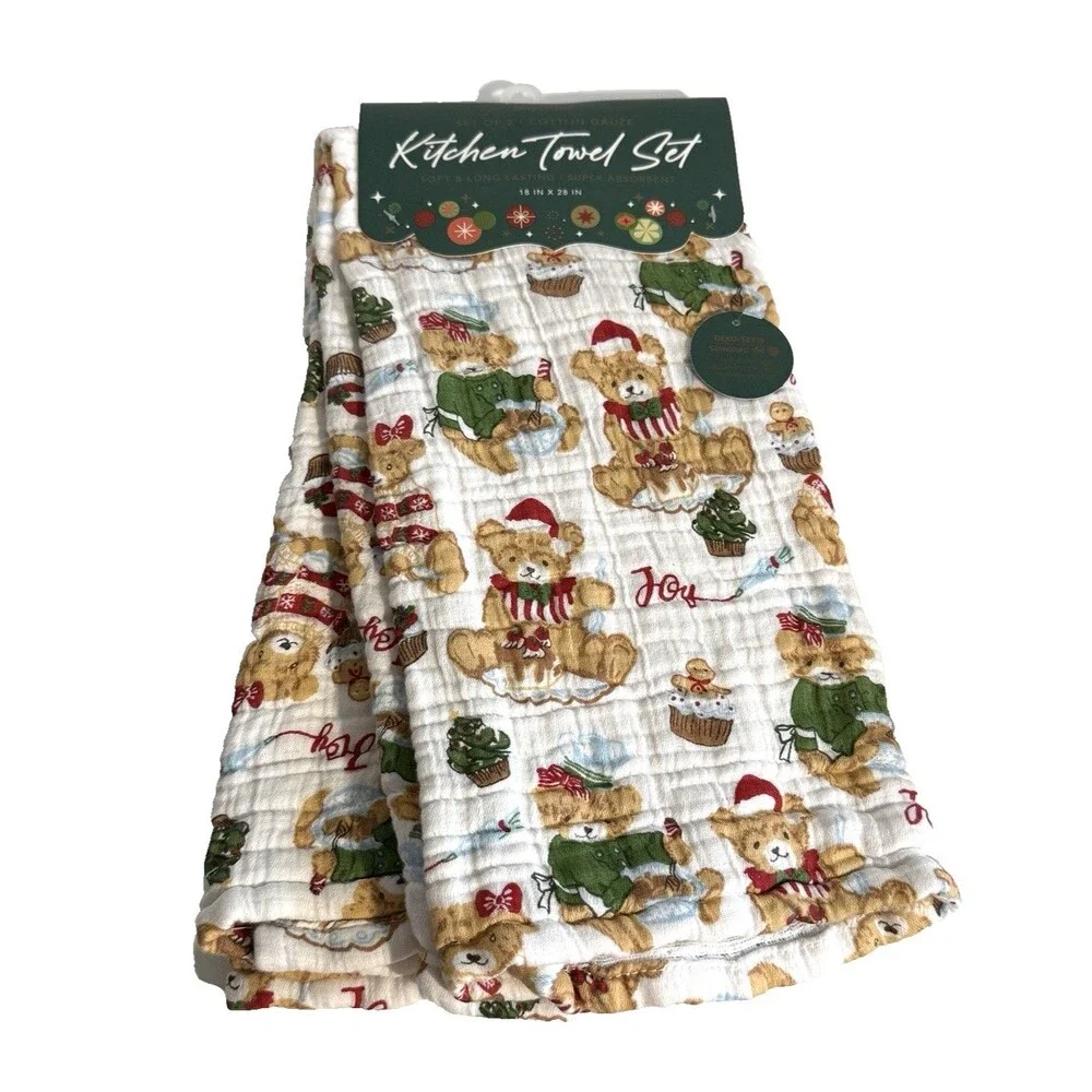 Envogue Christmas Teddy Bears Dish Kitchen Towels 100% Cotton Gauze Set of 2